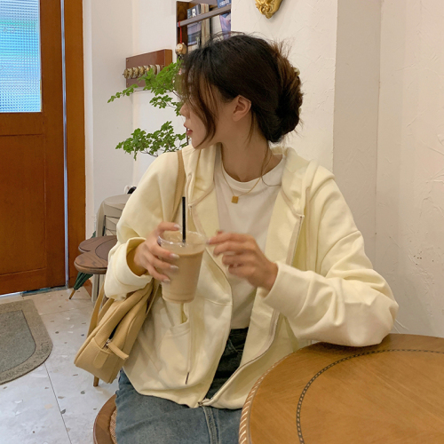 Women's piqué cotton jacket spring and autumn thin cardigan hooded sweatshirt casual versatile top