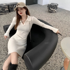 New autumn and winter French retro polo collar knitted dress with sweater bottoming tight hip skirt
