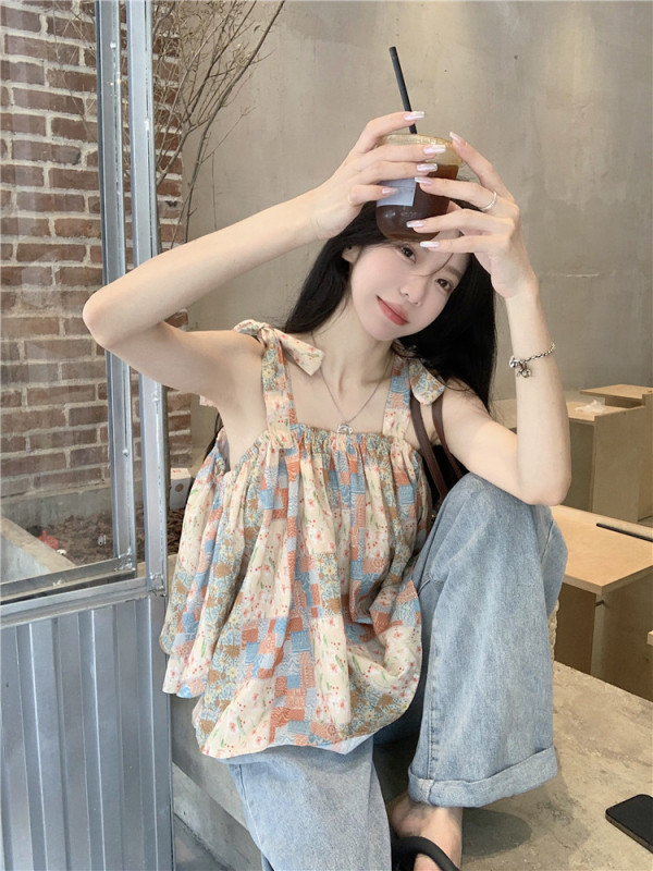 Real shot and real price French design printed one-shoulder printed suspender top loose puff sleeve two-wear shirt for women