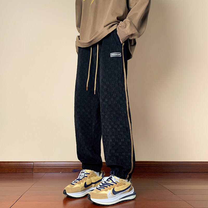 Spring Hong Kong style chenille checkerboard leggings men's oversize large size casual pants