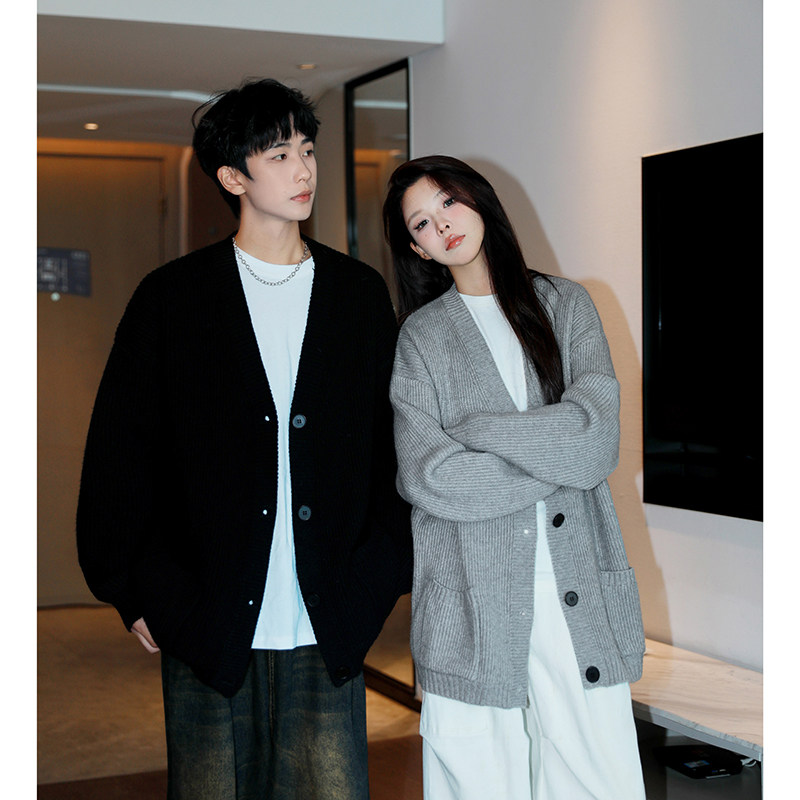 New winter style couple's large v-neck buttoned cardigan knitted sweater for men and women
