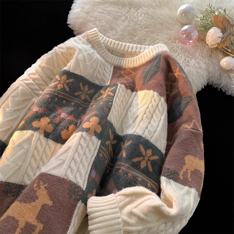 Spliced ​​twist sweater for men, autumn and winter trendy Korean style loose round neck sweater, thickened casual warm sweater