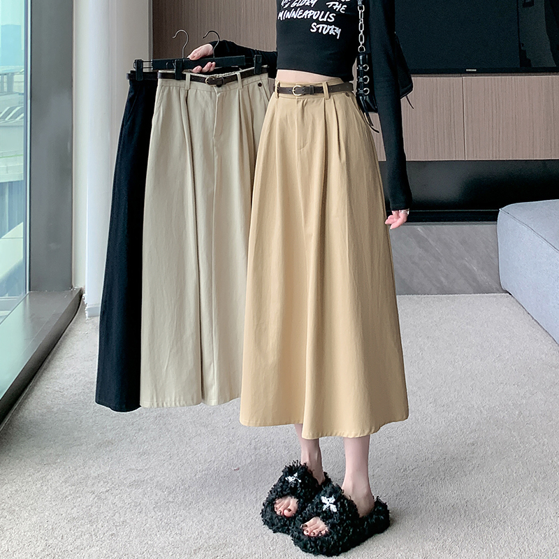 Real shot of washed cotton skirt for women in autumn, European style, high waist, wide swing, pear-shaped figure, crotch-covering mid-length umbrella skirt