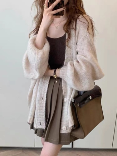 Mid-length lantern sleeve mohair knitted cardigan jacket for women, loose and lazy thin shawl outer top
