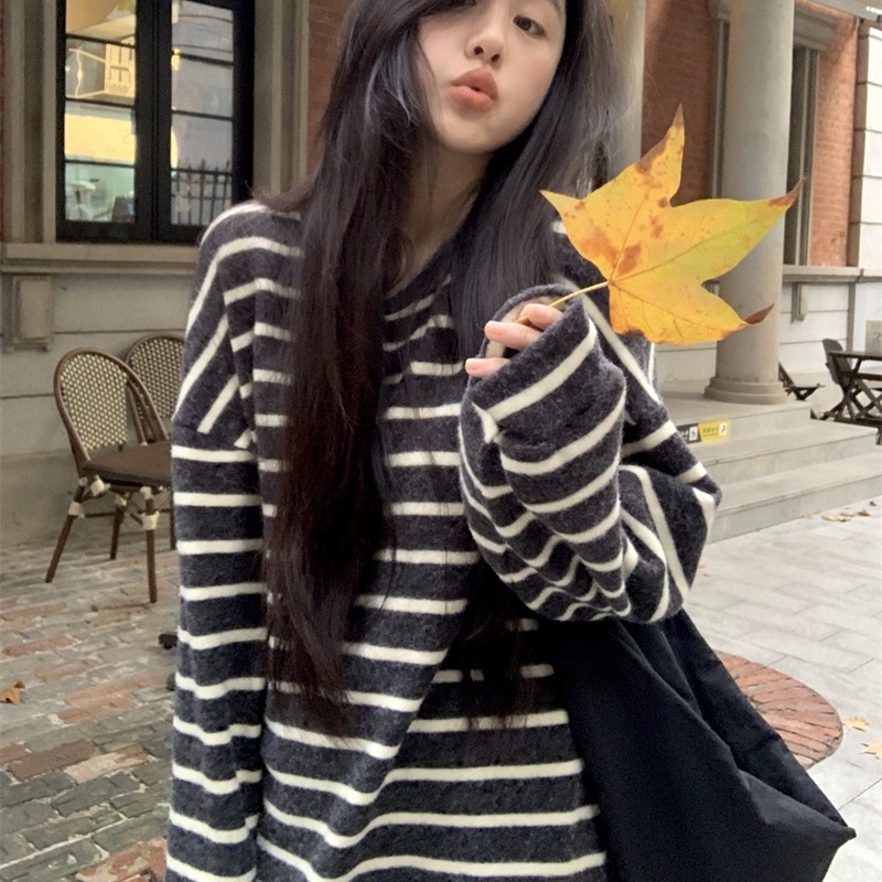 Sea Salt Oreo Velvet Australian Velvet Thickened Lazy Loose Slim Long Sleeve Striped T-Shirt for Women