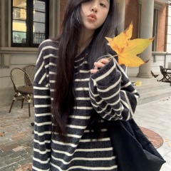 Sea Salt Oreo Velvet Australian Velvet Thickened Lazy Loose Slim Long Sleeve Striped T-Shirt for Women