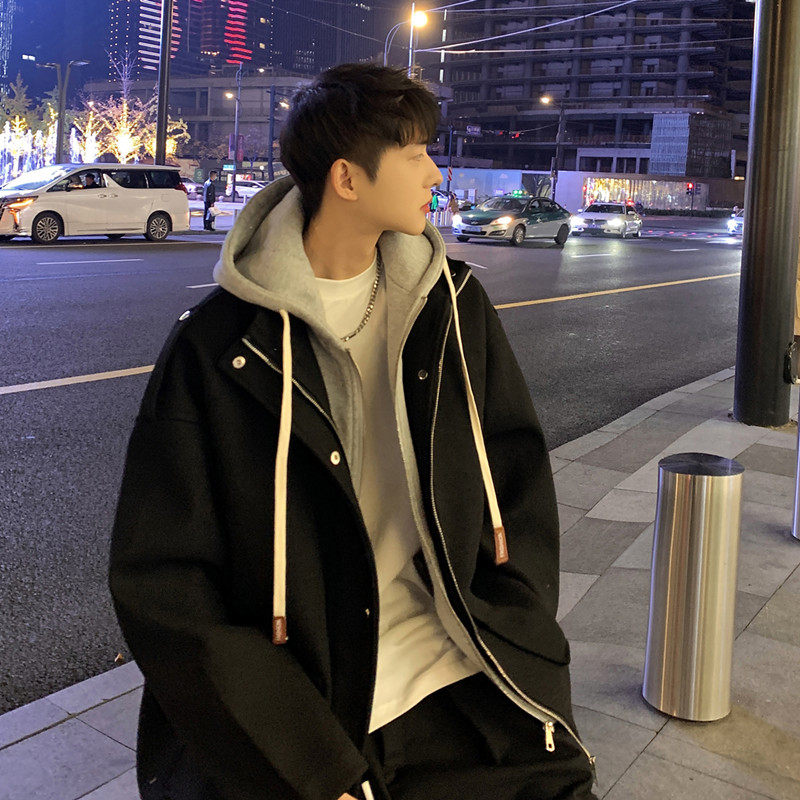 Woolen coat men's autumn and winter holiday two-piece hooded coat Korean style loose short workwear top