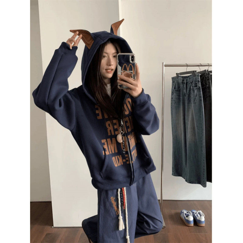 American retro letter print puppy ears zipper hooded sweatshirt jacket