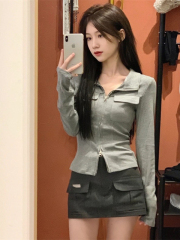 Hot girl gray double zipper polo collar long-sleeved T-shirt women's autumn and winter waist slimming short top ins