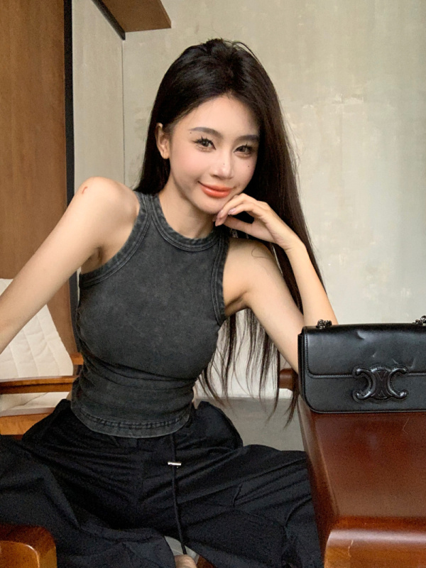 Real shot and real price retro washed distressed vest sweet and spicy style top + overalls wide leg straight casual sports pants
