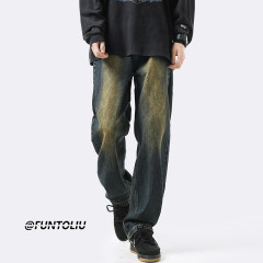 Washed Distressed Jeans Men's Spring and Autumn American Velvet Wide-Leg Straight Trousers