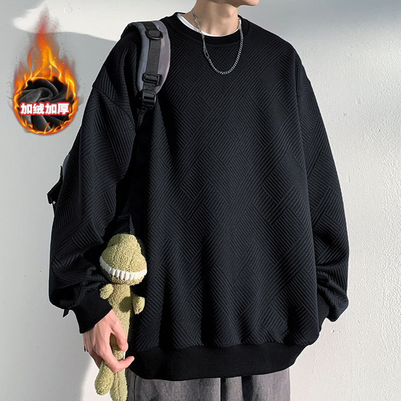 Winter large size round neck pullover embossed high weave plus velvet thickened sweatshirt
