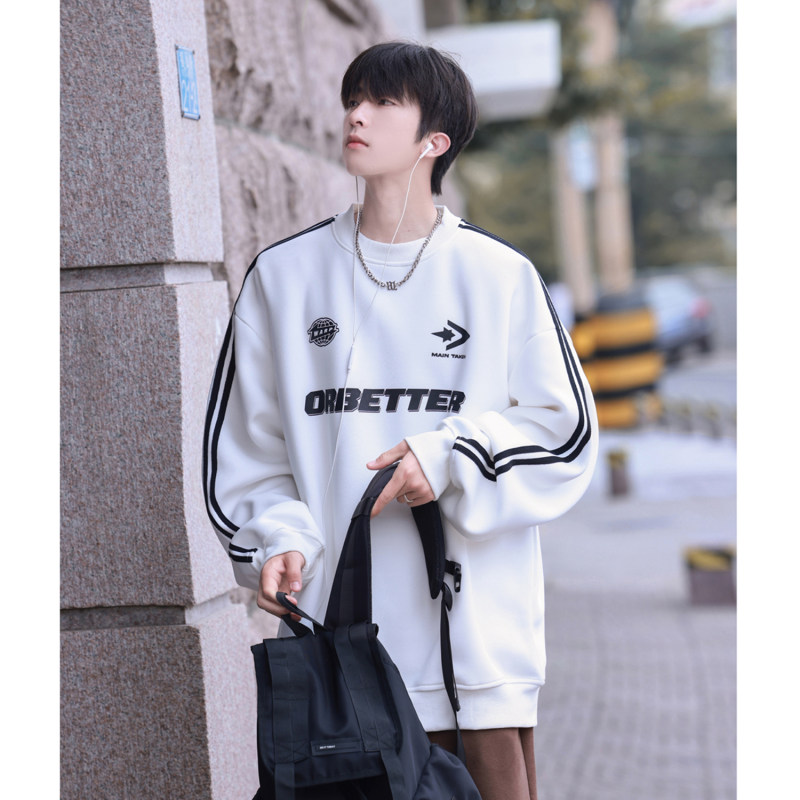 Autumn college sports style ribbon printed couple sweatshirt round neck jacket for men