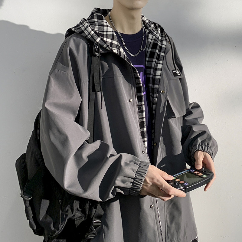 Spring hooded fake two-piece plaid large size men's casual trendy brand multi-pocket jacket