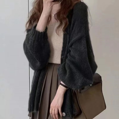Mid-length lantern sleeve mohair knitted cardigan jacket for women, loose and lazy thin shawl outer top