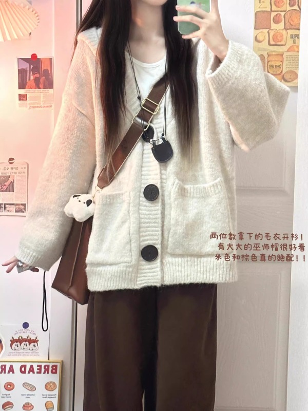 Korean chic gray hooded sweater coat cardigan loose slimming lazy style knitted sweater top