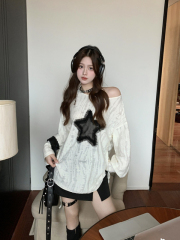 Lazy style star slanted shoulder long sleeve off-shoulder blouse with design drawstring top