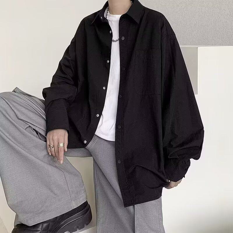 Long-sleeved shirts for men and women in spring and autumn loose solid color shirts Japanese fashion brand casual literary tops