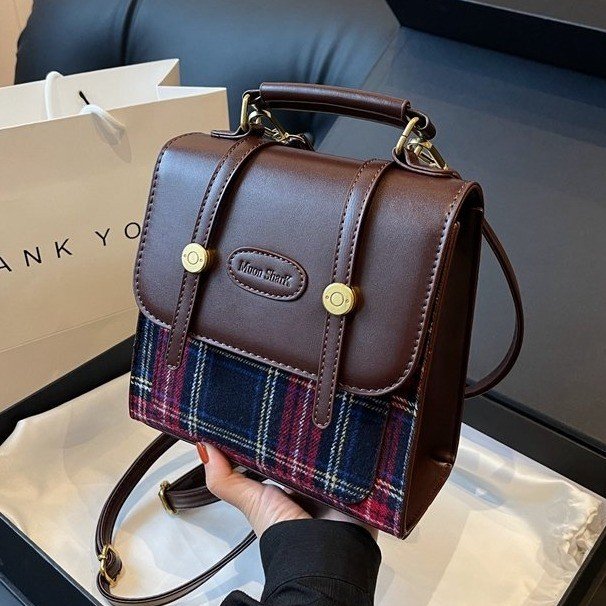 High-end texture retro plaid stitching versatile college backpack 2024 new fashion ladies hand backpack for women