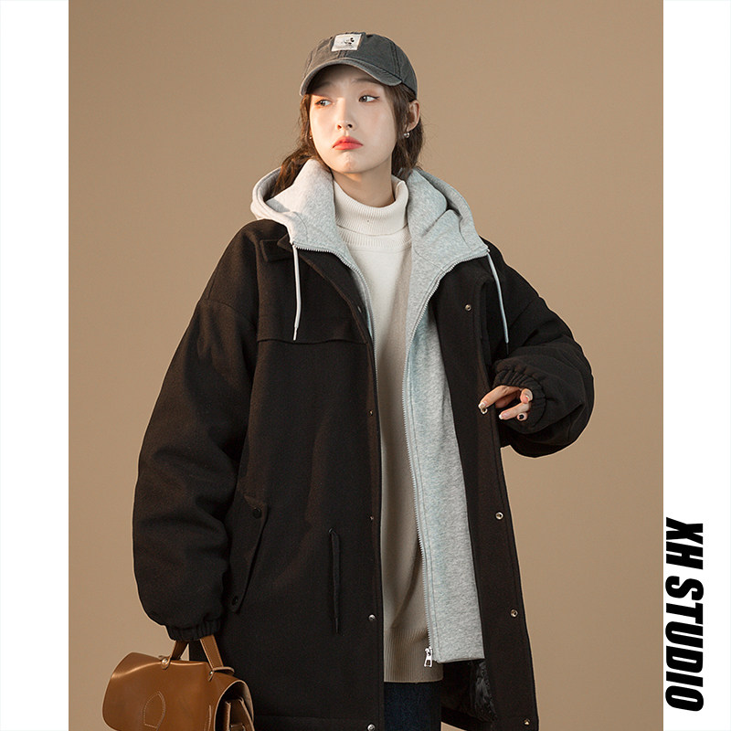 Winter new unisex style cotton coat, thickened fake two-piece fashionable woolen coat, mid-length cotton coat