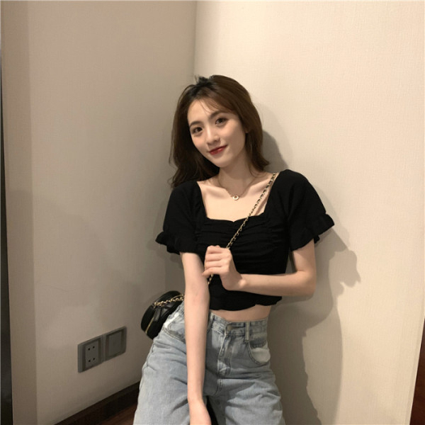 Summer French square collar clavicle bubble short-sleeved T-shirt one-shoulder design ice silk high-waisted short top for women trendy