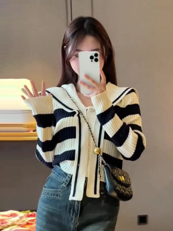 Striped lazy style knitted cardigan for women in autumn and winter design niche lace up fashion versatile bottoming shirt sweater long sleeves