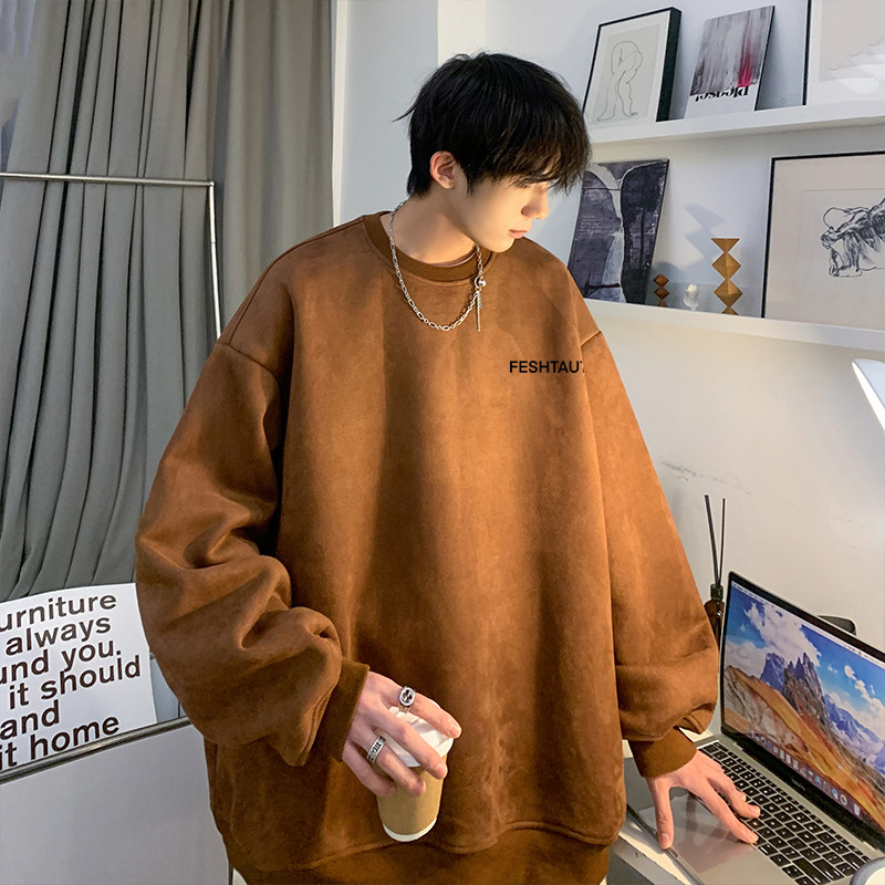 New Autumn Suede Letter Print Drop Shoulder Sleeve Round Neck Sweater