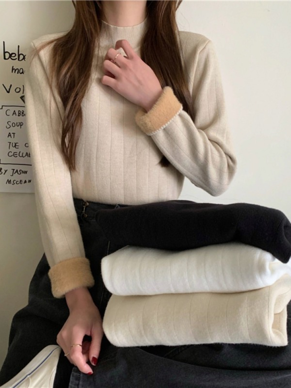 Women's autumn and winter slim-fit long-sleeved half-turtle collar one-piece velvet warm sweater top with velvet and thickened inner base layer sweater
