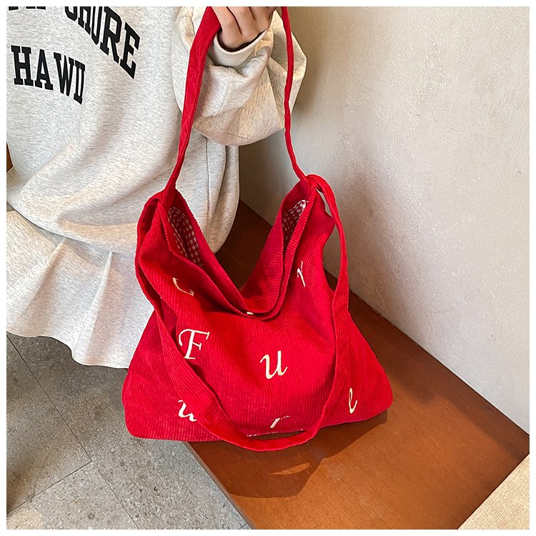 Letter embroidery literary corduroy style solid color personality large capacity portable shopping bag shoulder tote bag for women