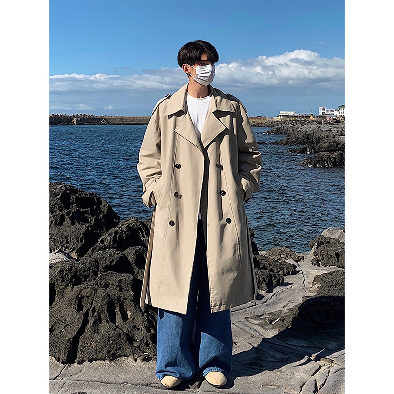 Autumn mid-length windbreaker boys Hong Kong style double-breasted long over-the-knee coat
