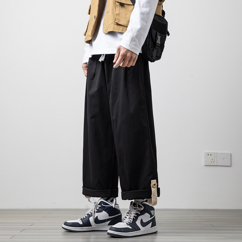 Qiuxin wooden floor loose large size Japanese style men's trendy buckle wide leg nine-point casual pants