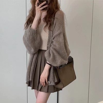 Mid-length lantern sleeve mohair knitted cardigan jacket for women, loose and lazy thin shawl outer top