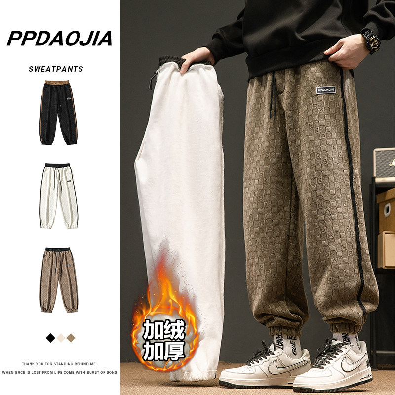 Winter Chenille Japanese Large Size Retro Men's Velvet Thickened Checkerboard Pants