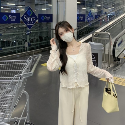 Spring and summer Korean style sweet fungus edge hollow sunscreen long-sleeved knitted one-button cardigan top for women