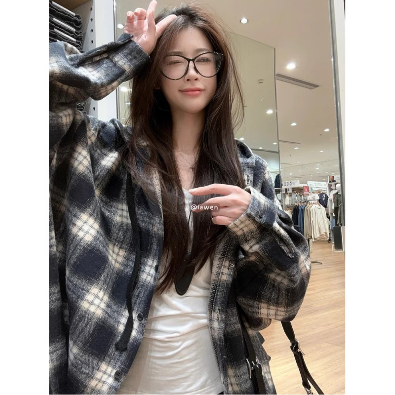 2024 Autumn Retro Contrast Color Plaid Shirt Jacket Women's Hooded Top