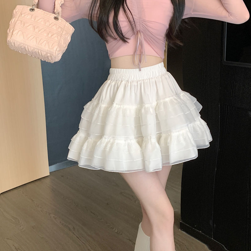 Lace Cake A-Line Skirt Summer Ballet Style High Waist White Mesh Puffy Skirt for Women Trendy