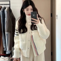 Korean college style design splicing knitted cotton jacket for men and women in autumn and winter, unique and chic stand-up collar, light cotton jacket