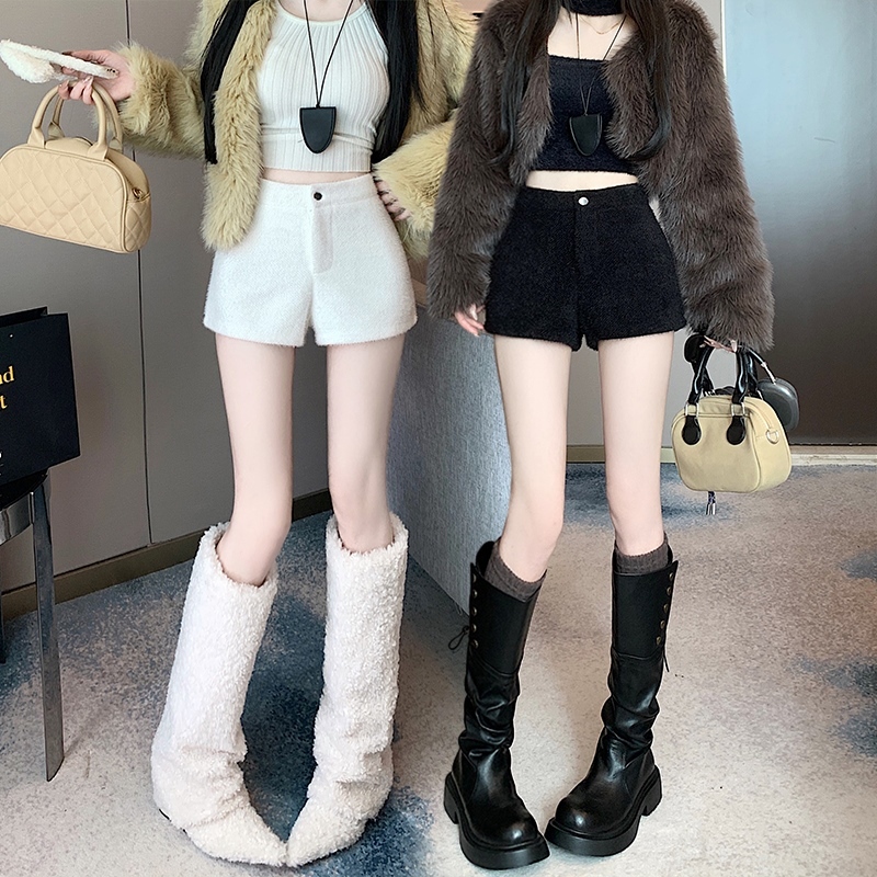 Mink Fluffy Thickened Shorts Women's 2024 Autumn and Winter High Waist Slim Straight Hot Girl Shorts Boot Pants