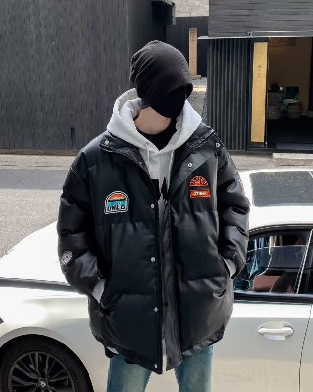 Badge embroidered PU leather cotton coat men's winter trendy brand stand collar thickened cotton coat leather jacket trendy