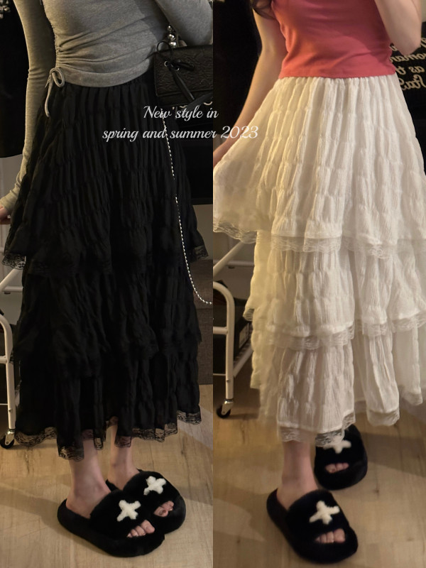 Korean style high-waisted slimming and versatile white lace mid-length cake skirt