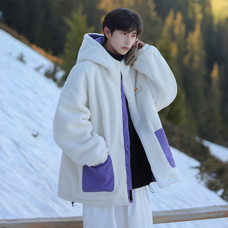 Hong Kong Style Reversible Sheep Shear Cotton Coat Men's Loose Thick Cotton Coat Jacket