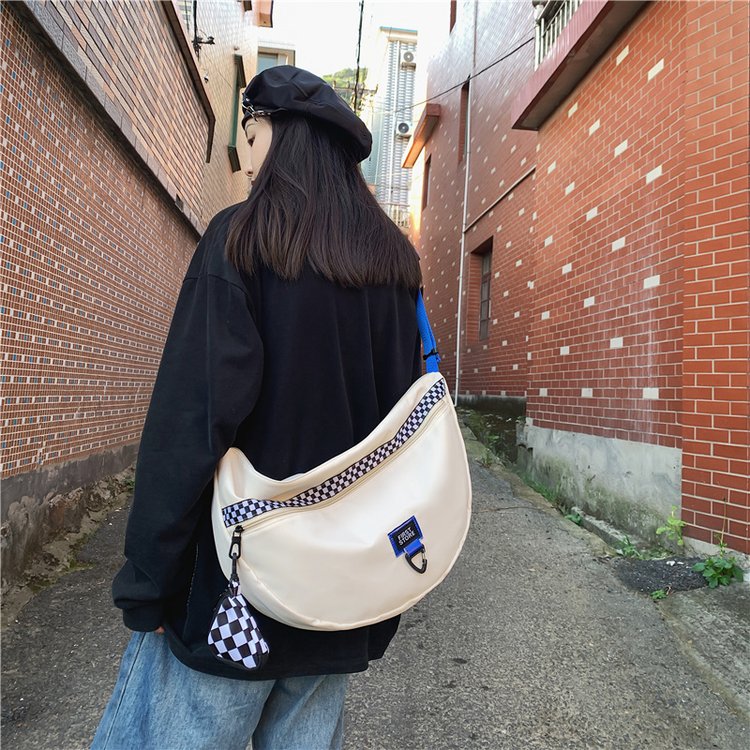 ins Japanese semicircle crossbody bag for men with contrasting color checkerboard plaid bag for women large capacity couple bag earphone bag trendy
