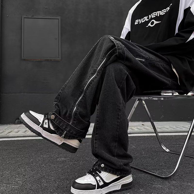 Hong Kong style autumn men's jeans with side slits, long zippers, workwear webbing, straight casual trousers