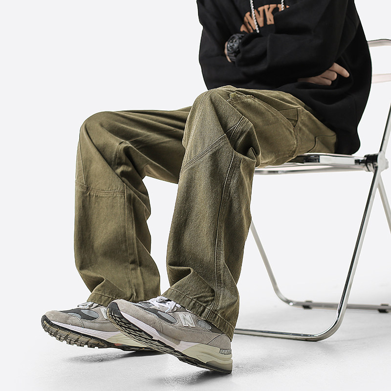 American-style workwear logging pants for men, spring trendy pure cotton loose straight-leg outdoor functional pants