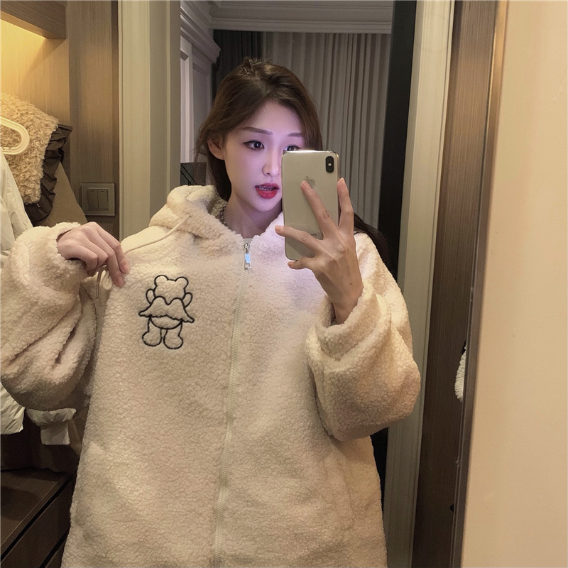 New winter loose lamb wool thickened embroidered bear angel wings hooded cardigan jacket