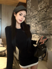 Pure Desire Contrast Color Round Neck Double Layer Slim Fit Bottoming Long Sleeve Knitted Waist Covering Hip Dress