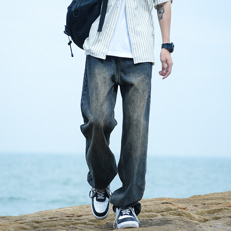 American washed distressed jeans for men autumn retro casual all-match straight trousers