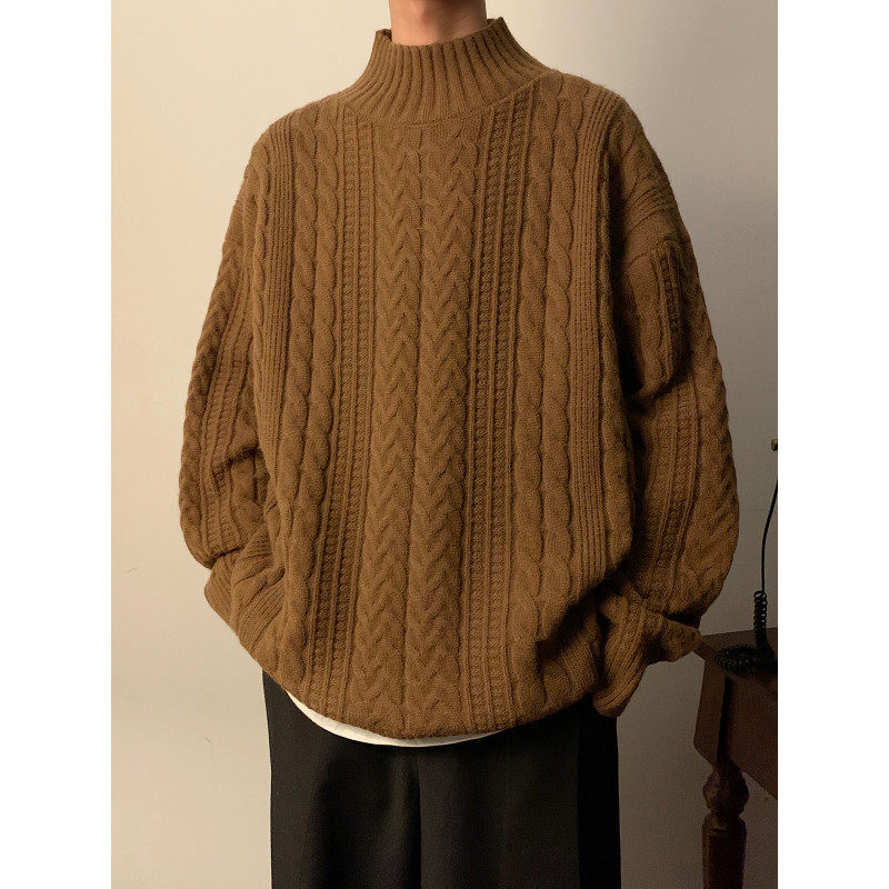 Half turtleneck twist sweater men's autumn and winter thickened loose trendy brand sweater trend ins retro round neck sweater