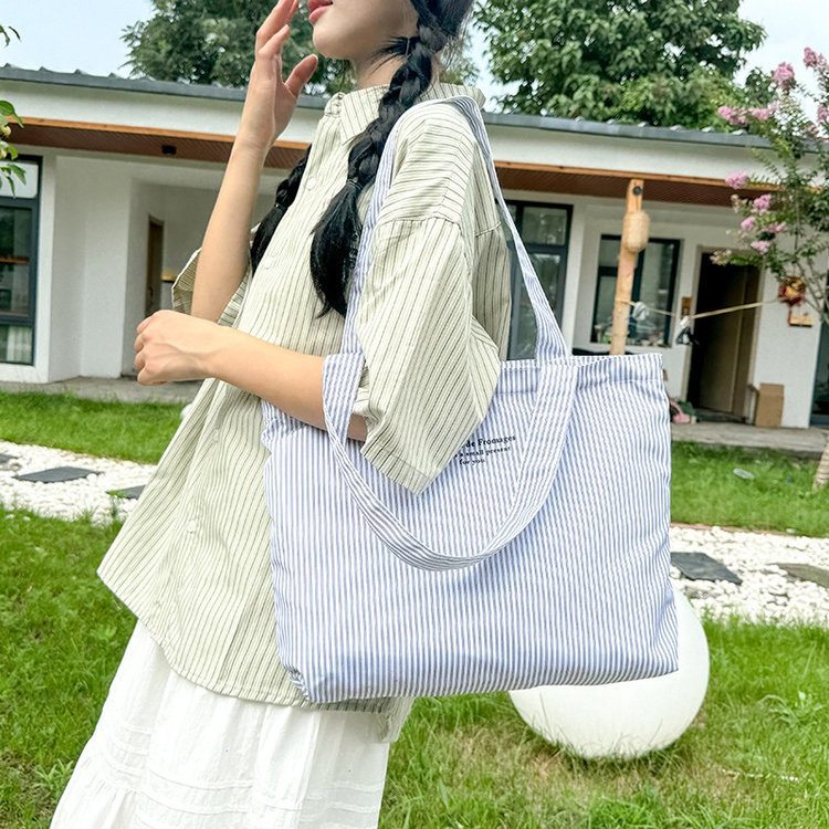 2024 New Casual Striped Simple Large-Capacity Commuting Canvas Bag Versatile Fresh One-Shoulder Handheld Tote