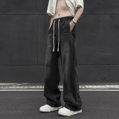 Spring and summer American high street washed straight jeans for men retro loose drawstring wide leg trendy trousers